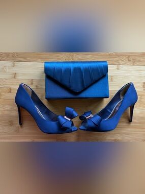 Elegant Blue Satin TED BAKER Peep-Toe Heels with FREE Matching Clutch